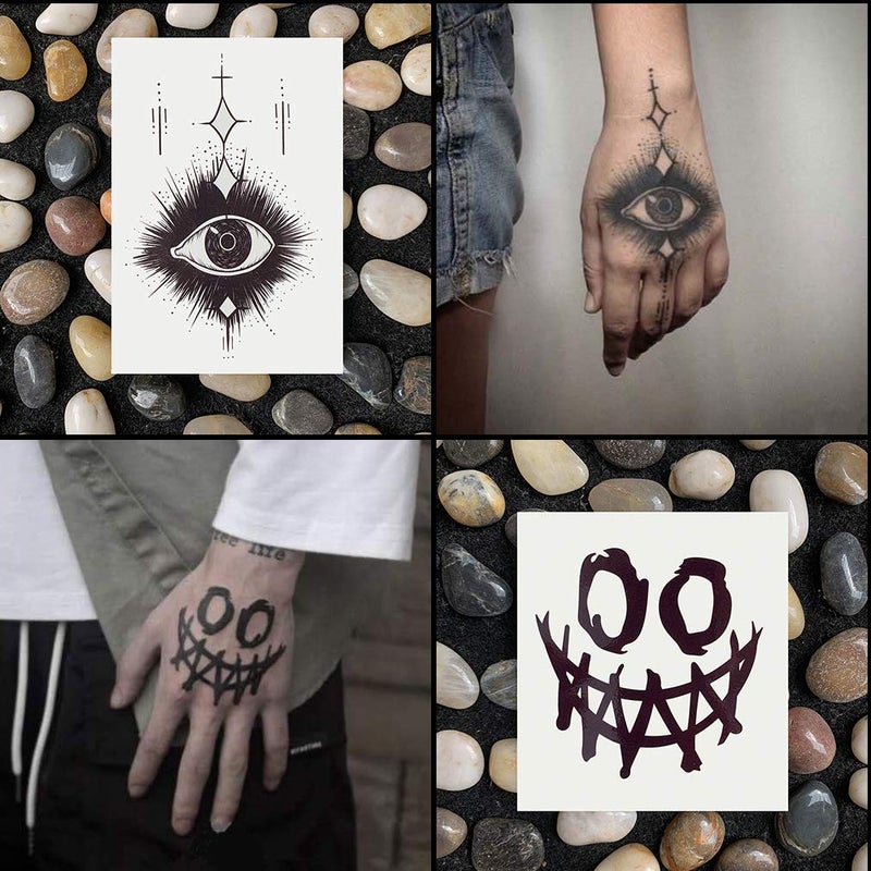 Oottati Waterproof 9 Sheets Back of Hand Fake Temporary Tattoo Stickers - Black Halloween Skull Horror Eye Devil Sun Moon Totem (Halloween) - Image 5